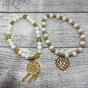 WHITE crystal or stone heart dreamcatcher charm layer stackable bracelets boho.